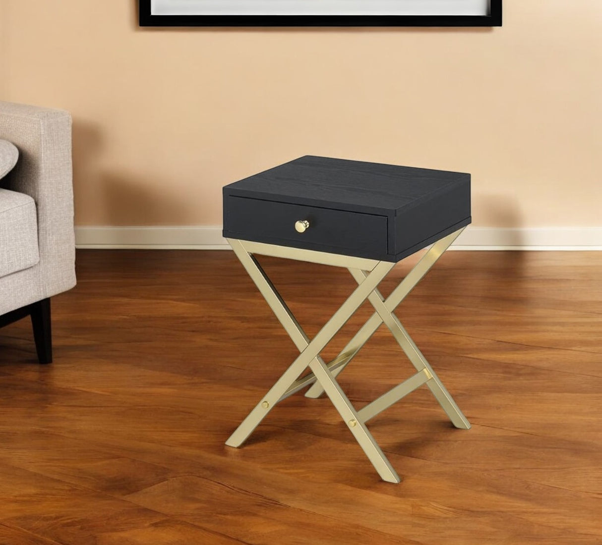 24" Gold And White Solid Wood End Table With Drawer