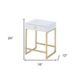 24" Gold And White Solid Wood End Table With Drawer