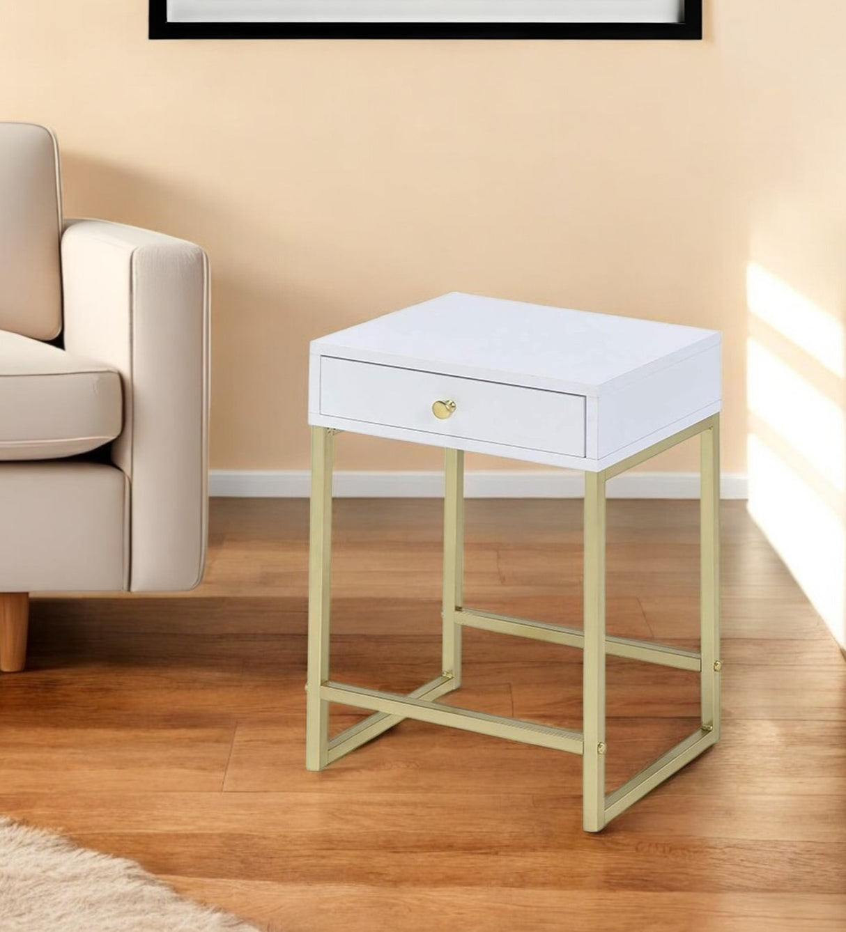 24" Gold And White Solid Wood End Table With Drawer