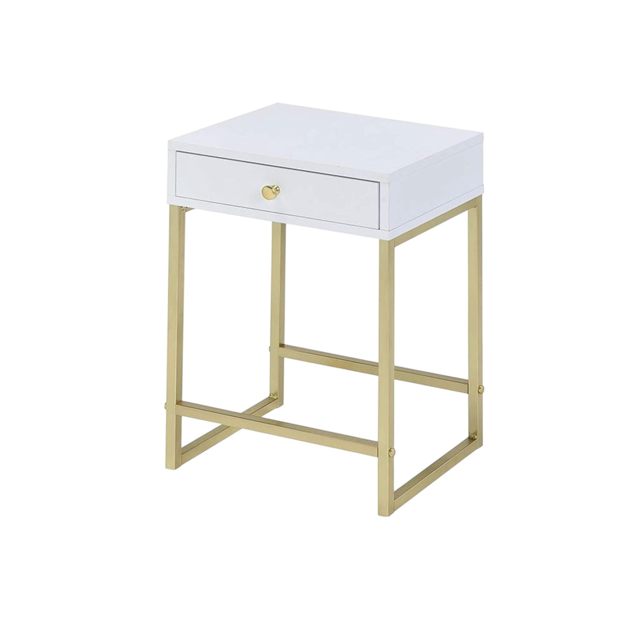 24" Gold And White Solid Wood End Table With Drawer