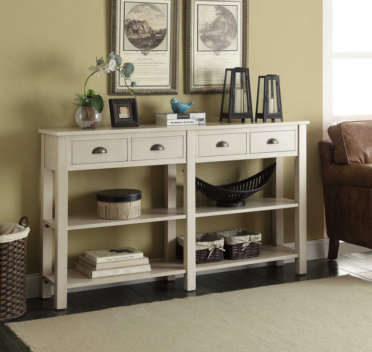 60" Cream Console Table With Shelves And Drawers