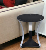 20" Silver And Black Mirrored Glass And Iron Round End Table With Shelf