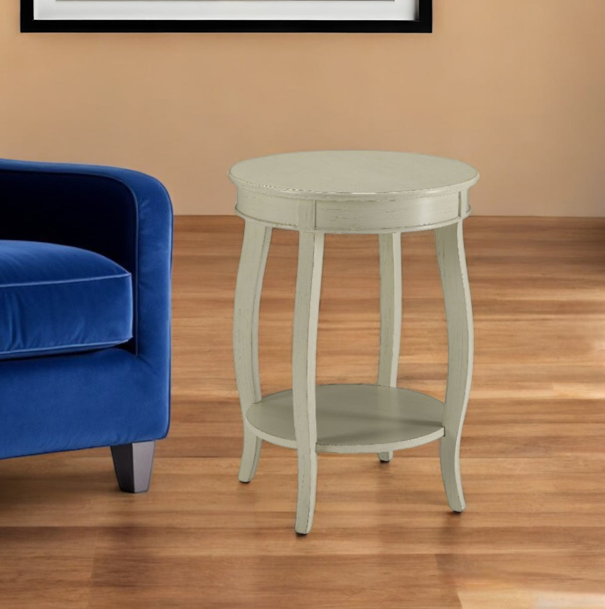 24" White Solid Wood Round End Table With Shelf