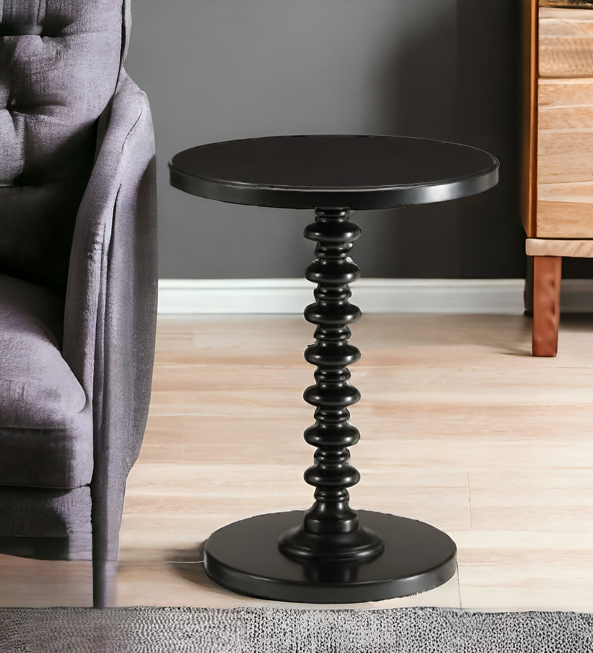 22" Black Solid Wood Round End Table