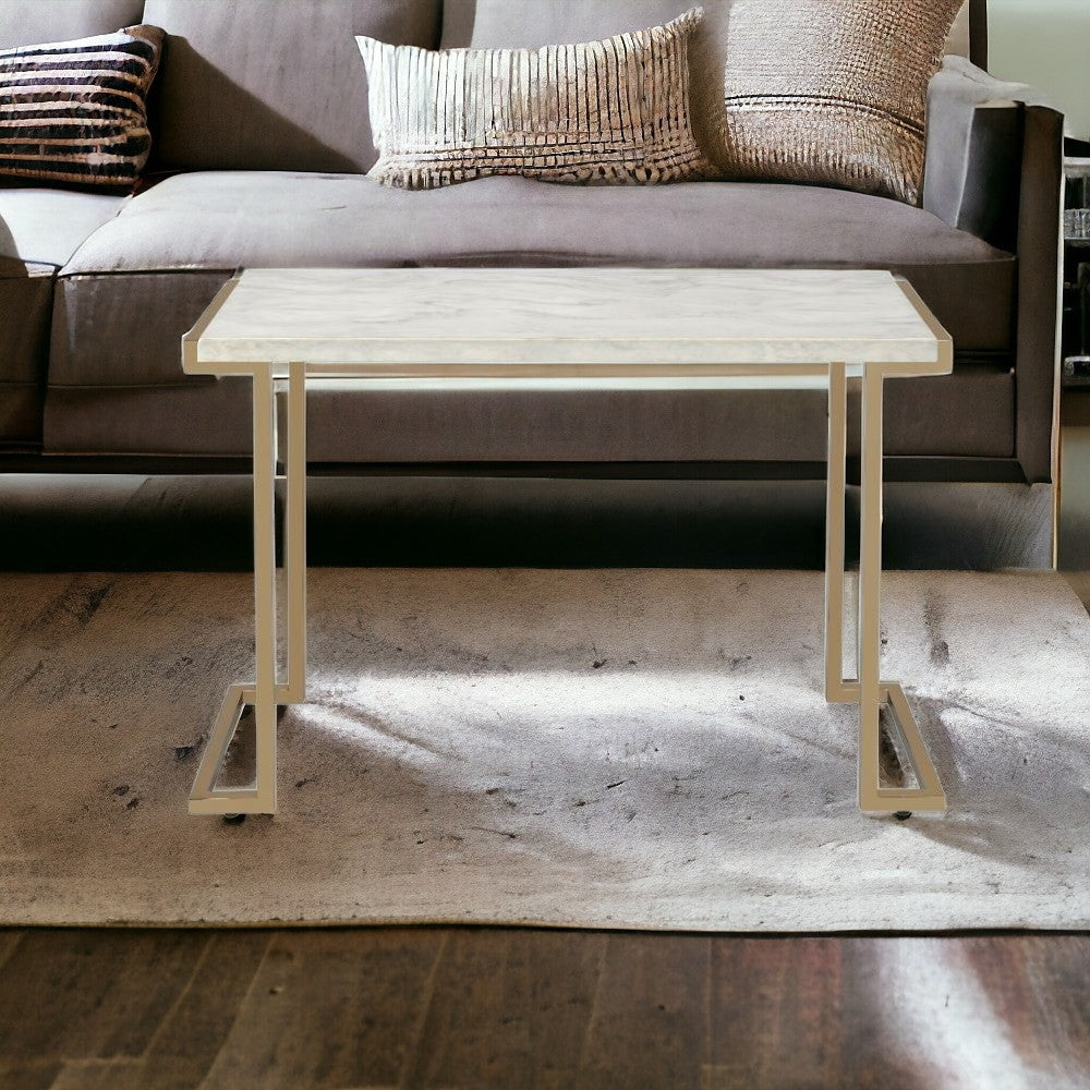 44" White And Gold Faux Marble And Iron Coffee Table