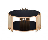 37" Black And Gold Glass And Stainless Steel Round Mirrored Coffee Table