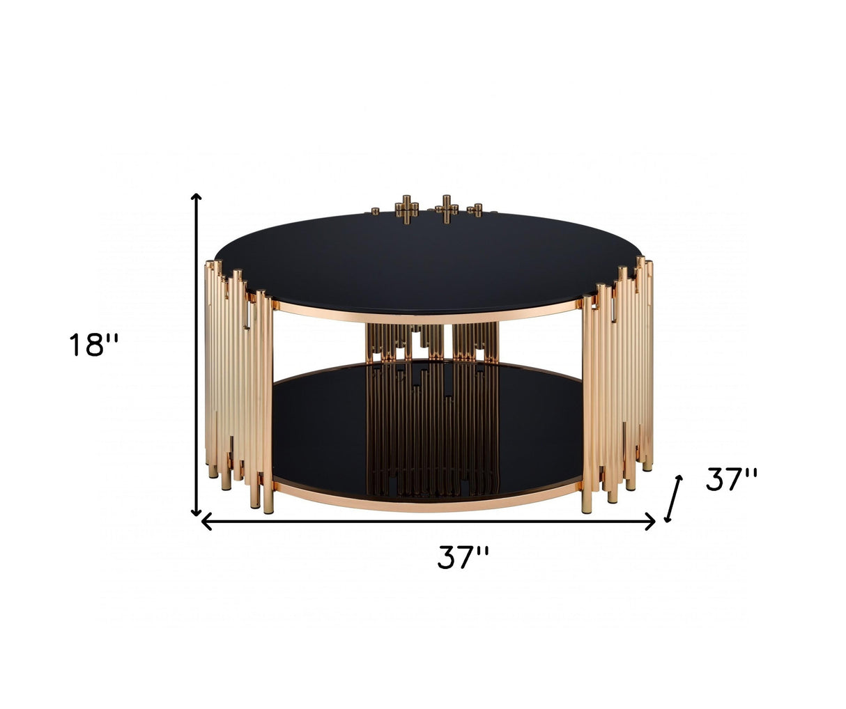 37" Black And Gold Glass And Stainless Steel Round Mirrored Coffee Table