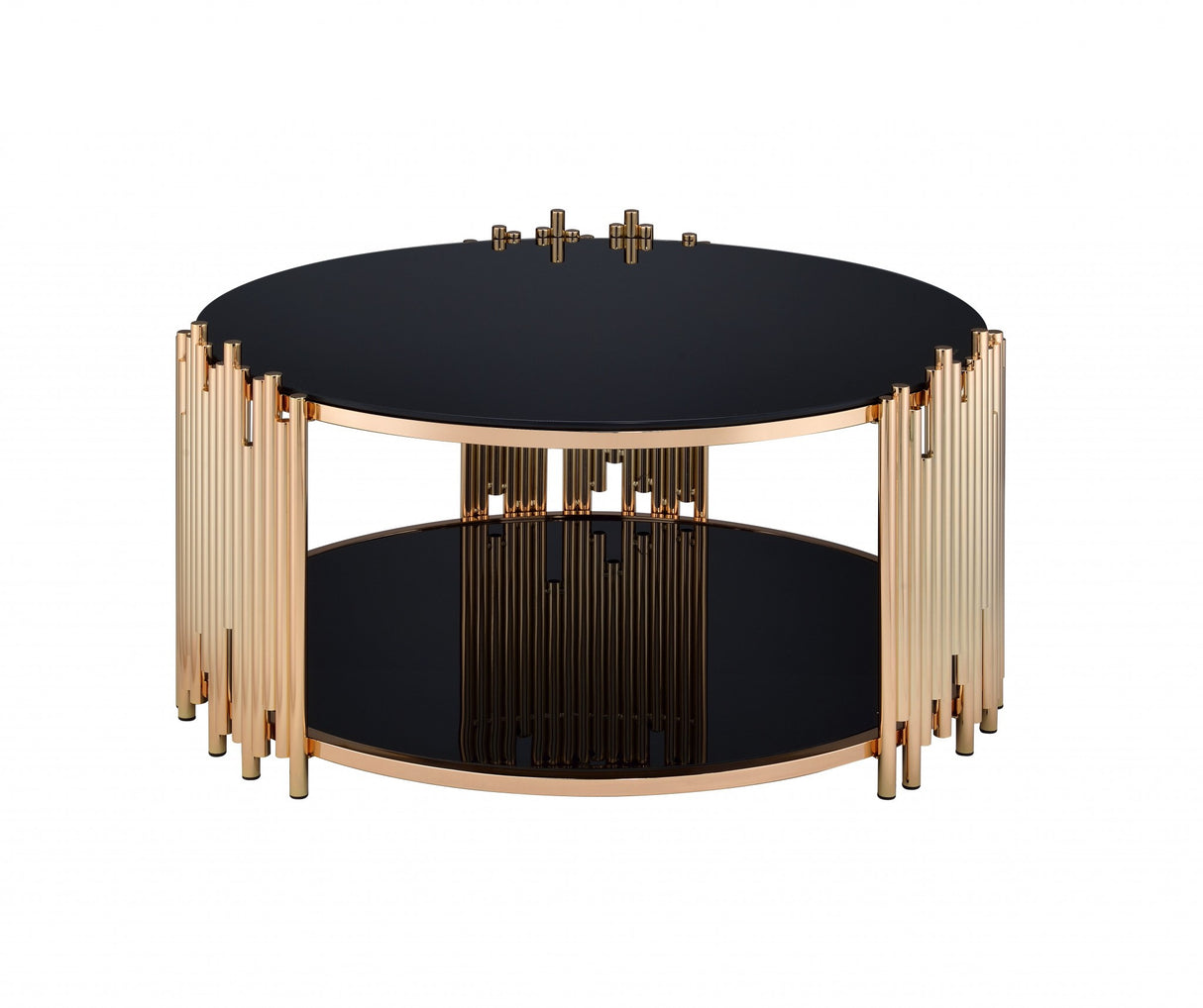 37" Black And Gold Glass And Stainless Steel Round Mirrored Coffee Table