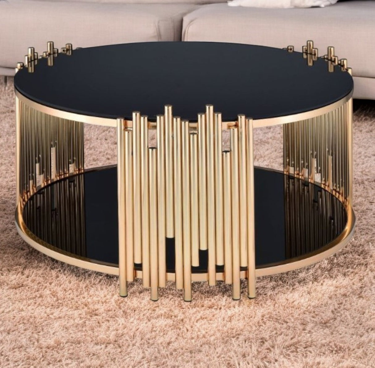 37" Black And Gold Glass And Stainless Steel Round Mirrored Coffee Table