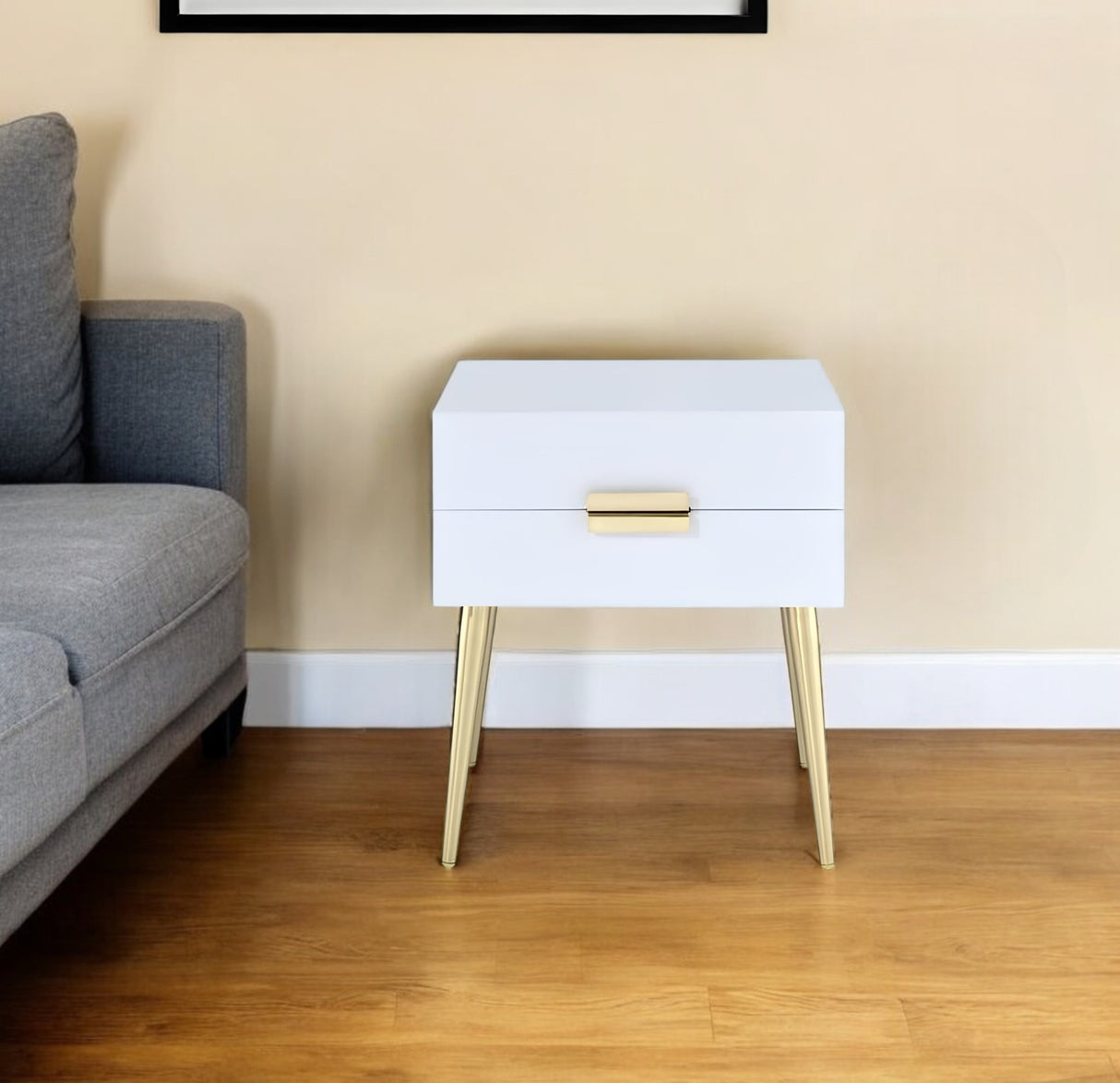 24" Black And Gold Wood And Iron End Table With Two Drawers