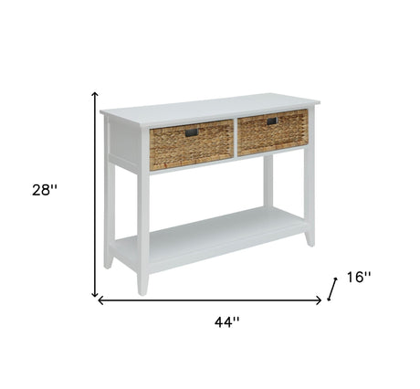 44" White and Natural Solid Wood Console Table With Shelves And Drawers