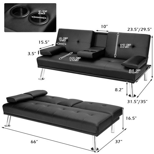 Convertible Folding Leather Futon Sofa with Cup Holders and Armrests-Black