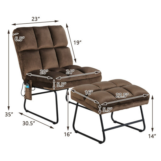 Velvet Massage Recliners with Ottoman Remote Control and Side Pocket-Brown