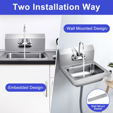 Stainless Steel Sink Wall Mount Hand Washing Sink with Faucet and Back Splash