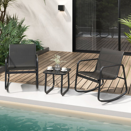 2 Rocking Bistro Chairs and Glass-Top Table for Porch Yard Balcony-Black