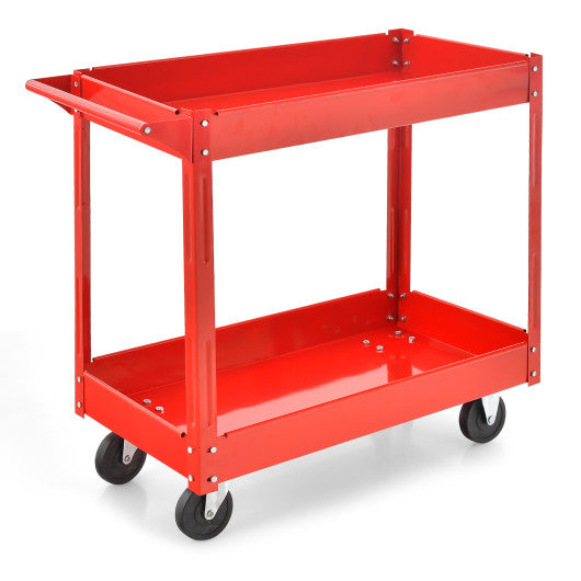 2-Tier Utility Cart with Handle and Heavy-Duty Metal Frame-Red