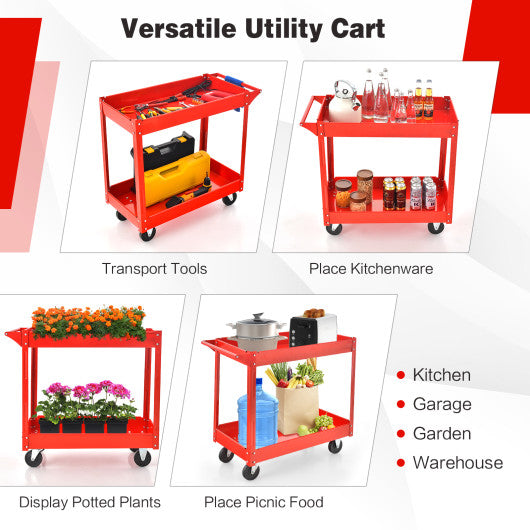 2-Tier Utility Cart with Handle and Heavy-Duty Metal Frame-Red