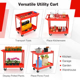 2-Tier Utility Cart with Handle and Heavy-Duty Metal Frame-Red