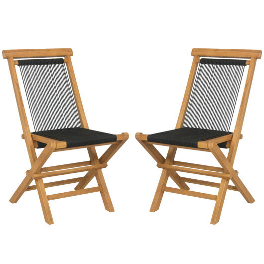 2 Piece Indonesia Teak Patio Folding Chairs with Woven Rope Seat and Back for Porch Backyard Poolside