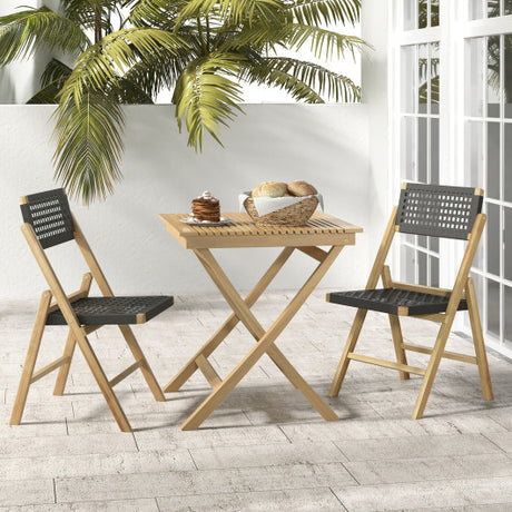 Set of 2 Folding Chairs Indonesia Teak Wood Dining Chairs with Woven Rope Seat and Back