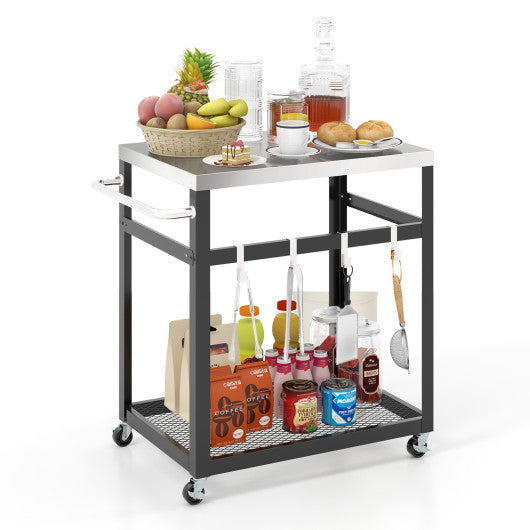 2-Tier Stainless Steel Grill Cart with 4 Hooks and Wheels BBQ Table-Black