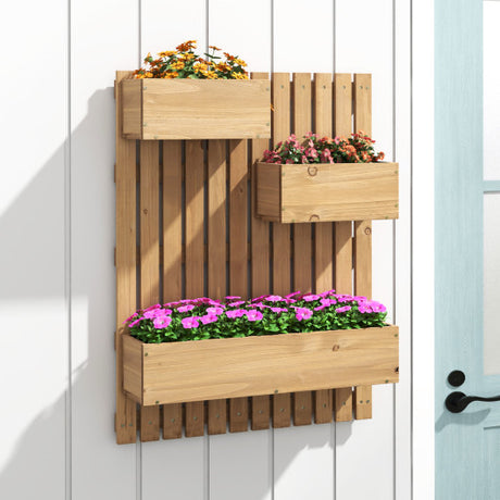 3-Box Wooden Raised Garden Bed with Trellises and Fabric Liners-Natural