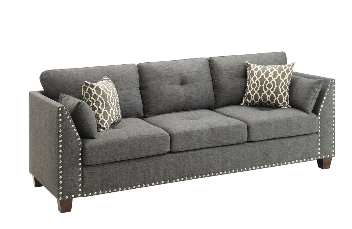 81" Charcoal Linen Sofa And Toss Pillows With Dark Brown Legs