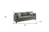 81" Charcoal Linen Sofa And Toss Pillows With Dark Brown Legs