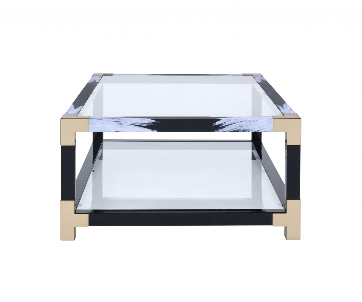 54" Clear And Black and White Glass And Metal Coffee Table With Shelf