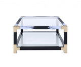 54" Clear And Black and White Glass And Metal Coffee Table With Shelf