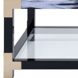 54" Clear And Black and White Glass And Metal Coffee Table With Shelf