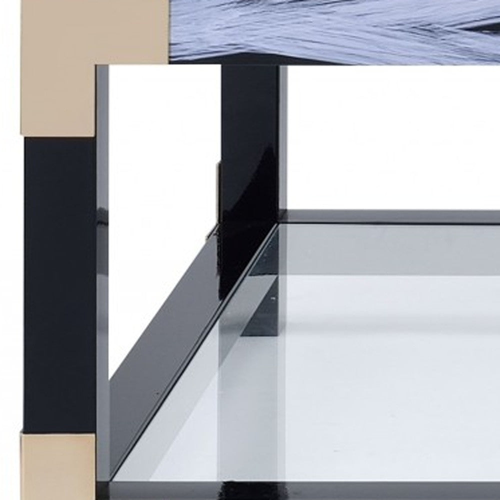 54" Clear And Black and White Glass And Metal Coffee Table With Shelf