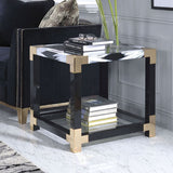 25" Black and Gold And Clear Glass And Iron Square End Table With Shelf With Magazine Holder