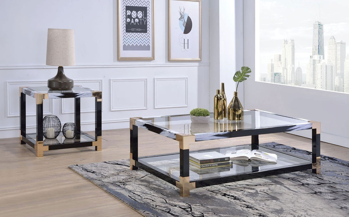 25" Black and Gold And Clear Glass And Iron Square End Table With Shelf With Magazine Holder