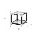 25" Black and Gold And Clear Glass And Iron Square End Table With Shelf With Magazine Holder