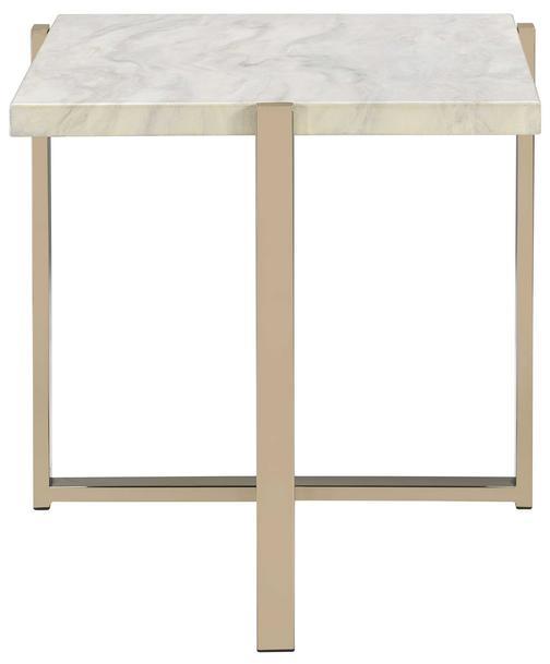 24" Brass And White Faux Marble And Iron Square End Table