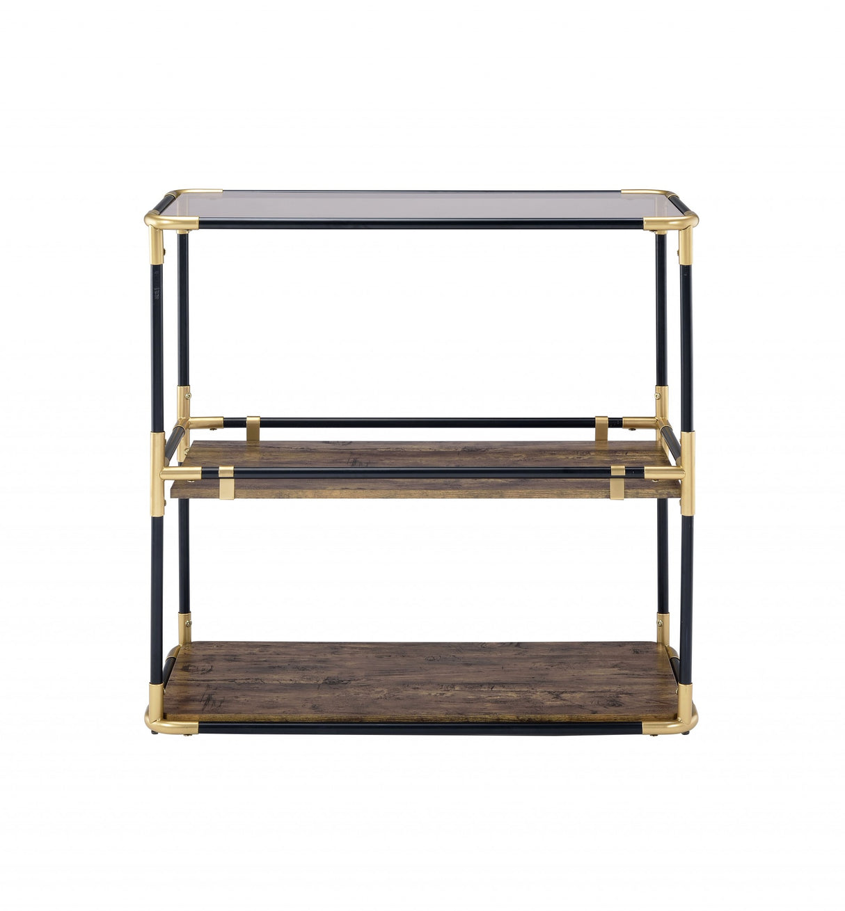 33" Black and Gold And Clear Glass End Table With Two Shelves With Magazine Holder