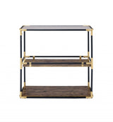 33" Black and Gold And Clear Glass End Table With Two Shelves With Magazine Holder