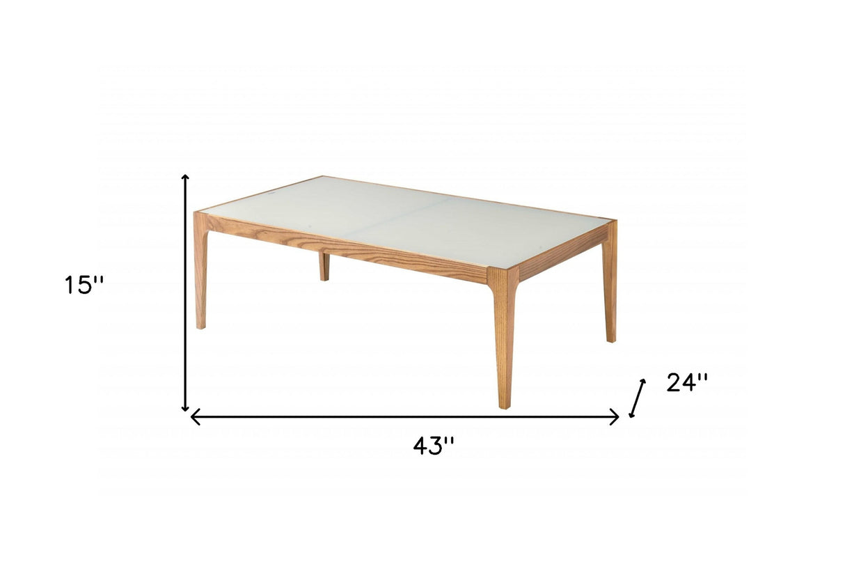 43" Off White And Natural Frosted Glass And Solid Wood Coffee Table