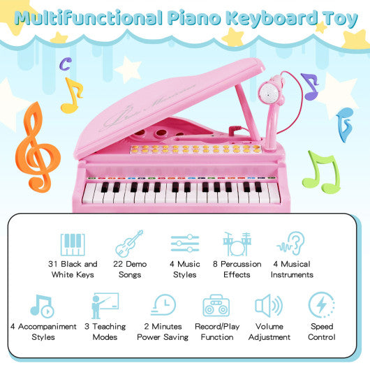 31 Keys Kids Piano Keyboard with Stool and Piano Lid-Pink