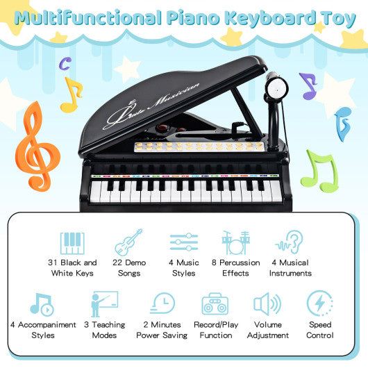 31 Keys Kids Piano Keyboard with Stool and Piano Lid-Black