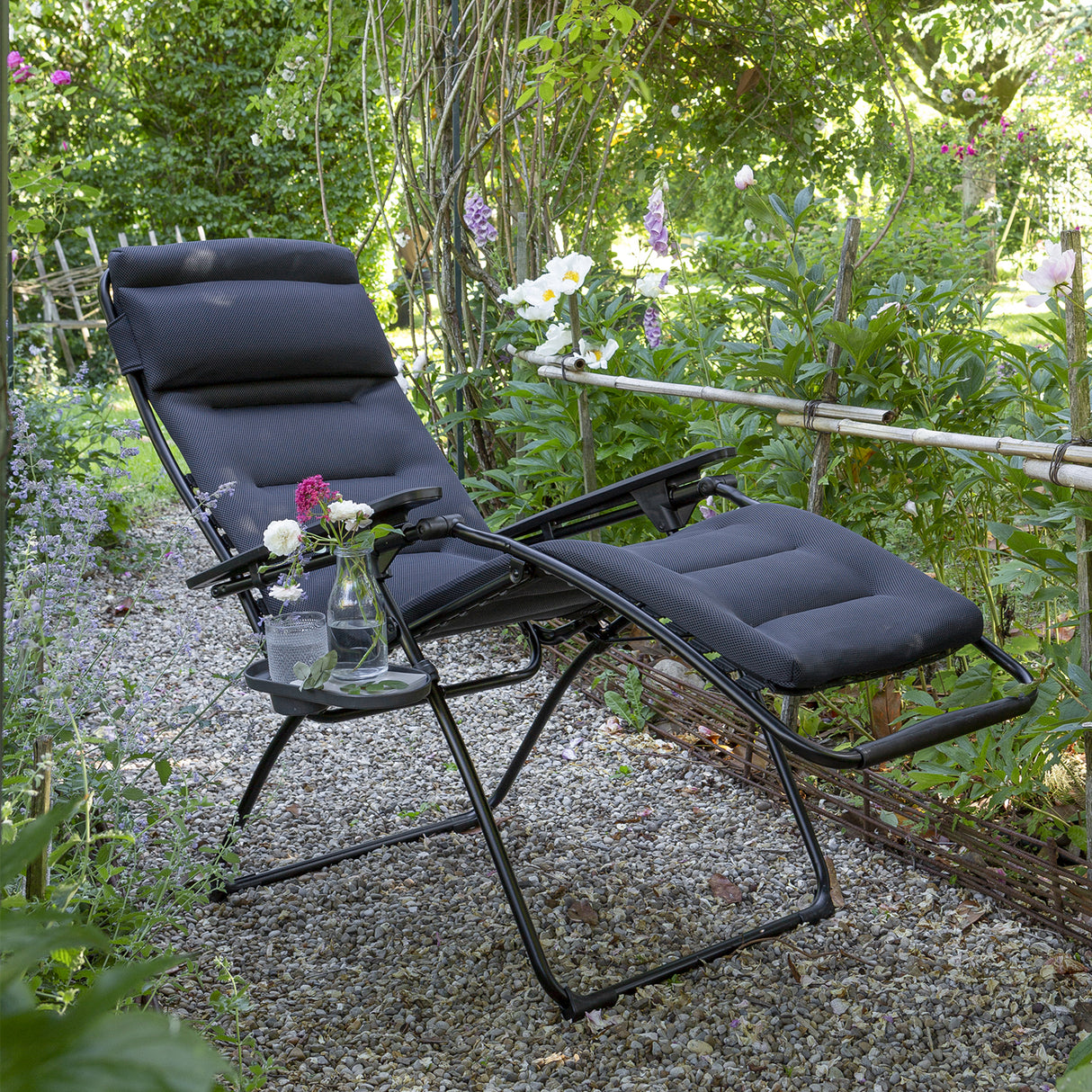 26" Gray Steel Outdoor Zero Gravity Chair with Gray Cushion