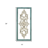 36" Teal and White Wood and Metal Distressed Panel Wall Decor