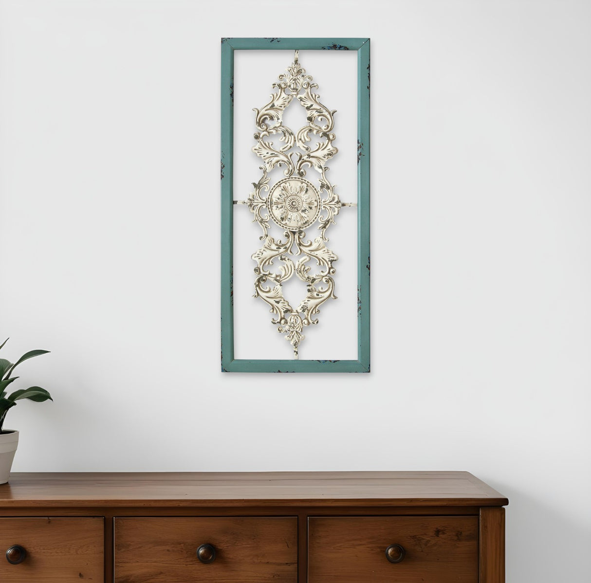 36" Teal and White Wood and Metal Distressed Panel Wall Decor