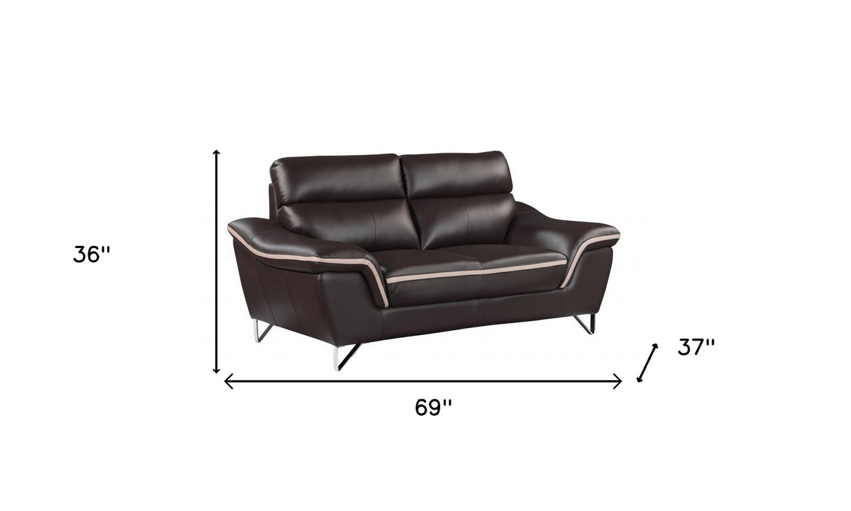 69" Brown And Silver Faux Leather Love Seat