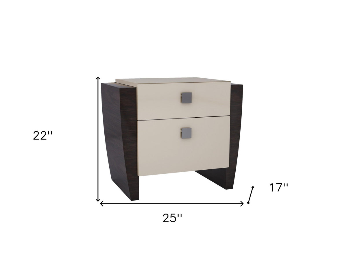 22" Beige and Dark Brown Two Drawer Wood Mirrored Nightstand With Storage