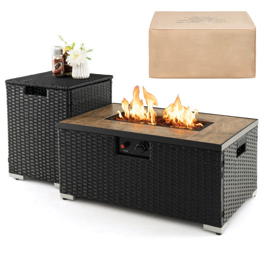 32 x 20 Inch Propane Rattan Fire Pit Table Set with Side Table Tank and Cover-Black