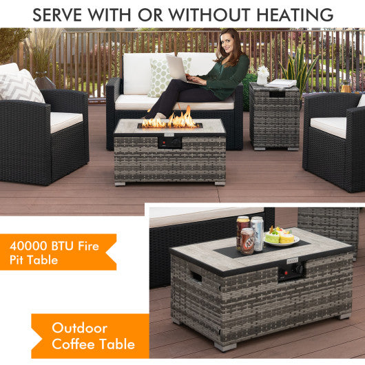 32 x 20 Inch Propane Rattan Fire Pit Table Set with Side Table Tank and Cover-Gray