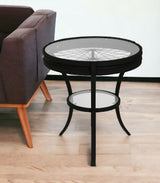 24" Black And Clear Glass And Metal Round End Table With Shelf