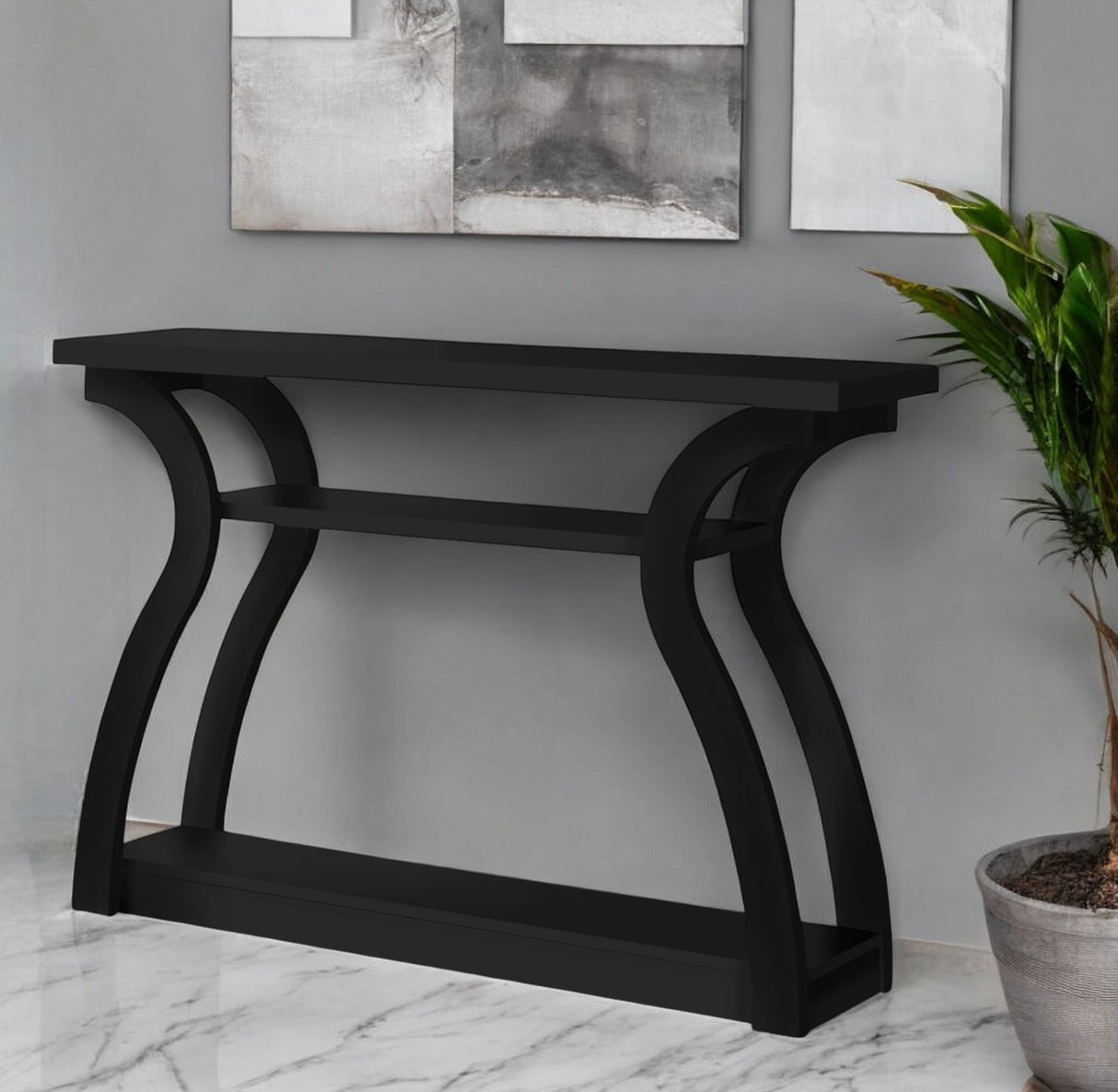 47" Black Floor Shelf Console Table With Shelves